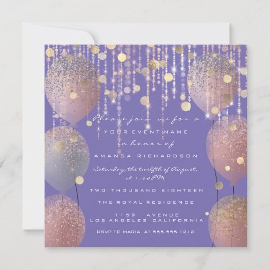 Glitter Ballon Roze Goud Bruids Sweet 16e Paars Kaart (Voorkant)