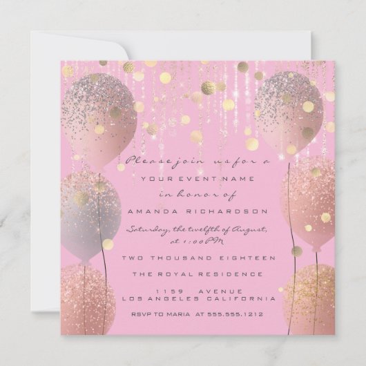 Glitter Ballonnen Roze Bruiloft Sweet 16 Pink Kaart (Voorkant)