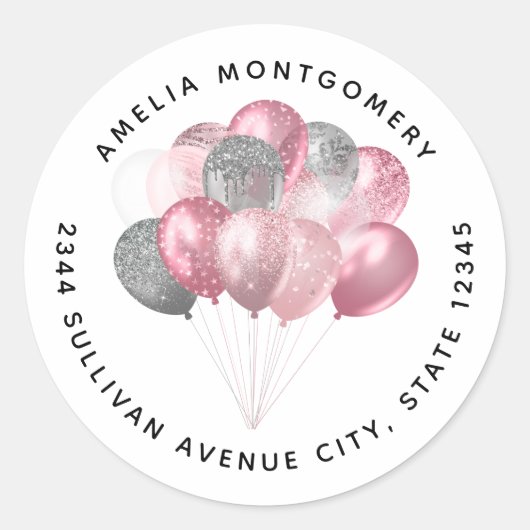 Glitter Ballonnen Roze en Zilver - Adres Ronde Sticker (Voorkant)