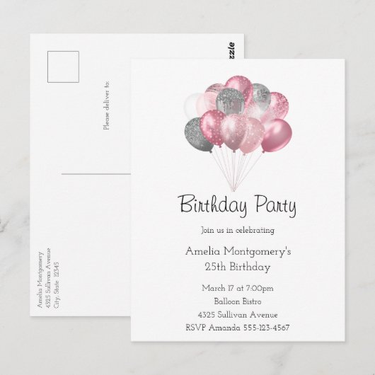 Glitter Balloon Bunch Roze en Zilveren Verjaardag Briefkaart (Voorkant / Achterkant)