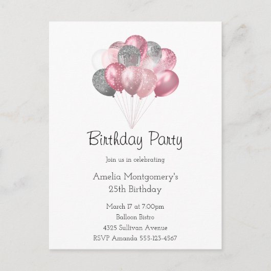 Glitter Balloon Bunch Roze en Zilveren Verjaardag Briefkaart (Voorkant)