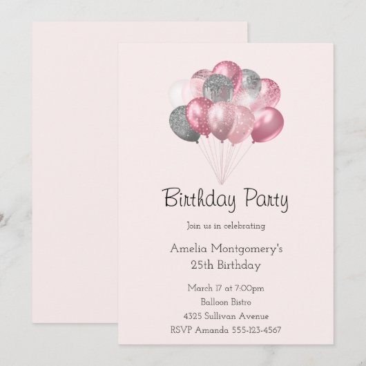Glitter Balloon Bunch Roze en Zilveren Verjaardag Kaart (Voorkant / Achterkant)