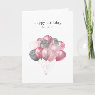 Glitter Balloon Bunch Roze en Zilveren Verjaardag Kaart