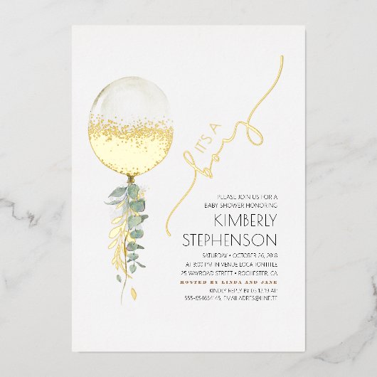 Glitter Balloon Modern Baby shower Het is een jong Folie Uitnodiging (Voorkant)