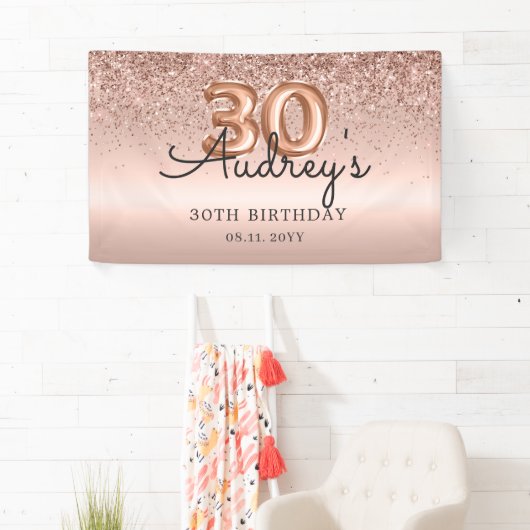 Glitter Balloon Roos Gold 30e Verjaardag Monogram Spandoek (Insitu)