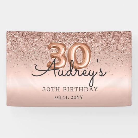 Glitter Balloon Roos Gold 30e Verjaardag Monogram Spandoek (Horizontaal)