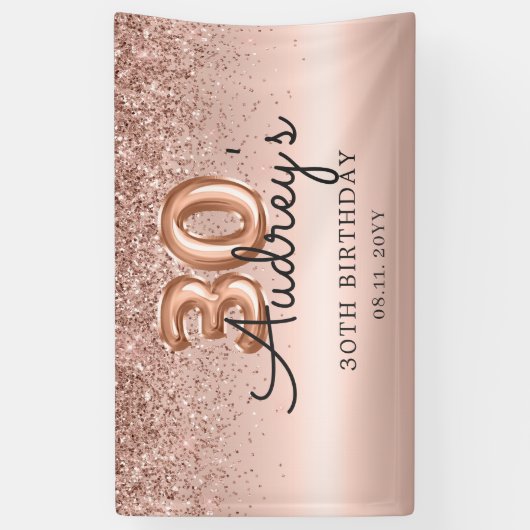 Glitter Balloon Roos Gold 30e Verjaardag Monogram Spandoek (Verticaal)