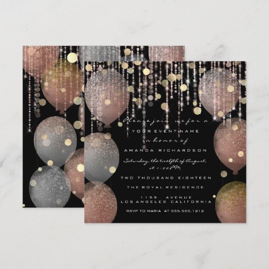 Glitter Balloon Roos Gold Bridal Sweet 16th Black Kaart (Voorkant / Achterkant)