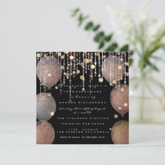 Glitter Balloon Roos Gold Bridal Sweet 16th Black Kaart (Staand voorkant)