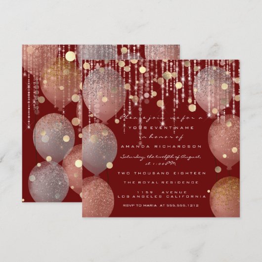 Glitter Balloon Roos Gold Bridal Sweet 16th Maroon Kaart (Voorkant / Achterkant)