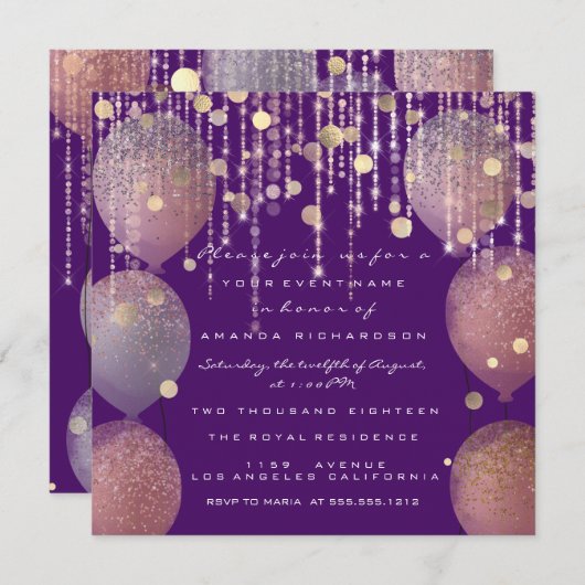 Glitter Balloon Roos Gold Bridal Sweet 16th Paars Kaart (Voorkant / Achterkant)