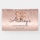 Glitter Balloon Roos Goud 13e Verjaardag Monogram Spandoek (Horizontaal)