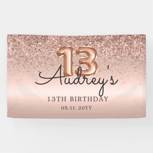 Glitter Balloon Roos Goud 13e Verjaardag Monogram Spandoek (Horizontaal)