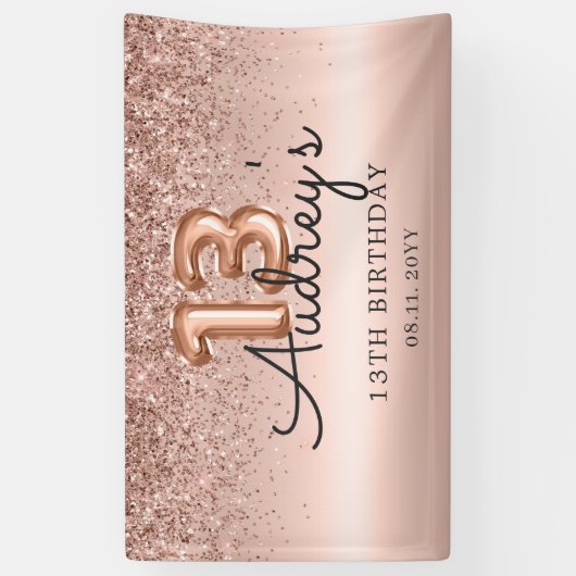 Glitter Balloon Roos Goud 13e Verjaardag Monogram Spandoek (Verticaal)