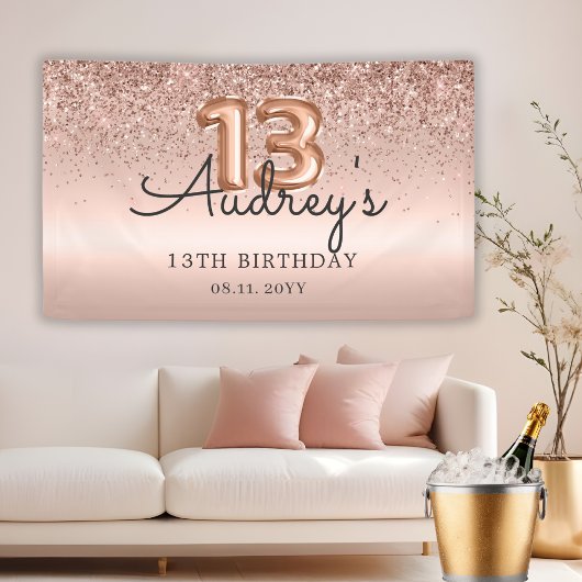 Glitter Balloon Roos Goud 13e Verjaardag Monogram Spandoek