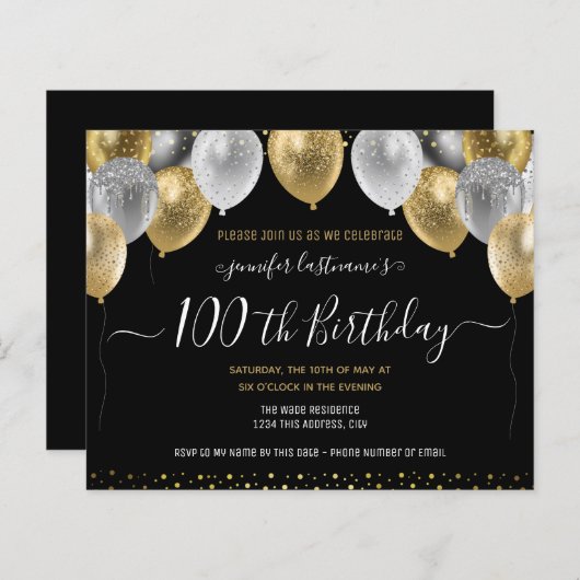 Glitter Balloons 100th Birthday Party Invitation (Voorkant / Achterkant)