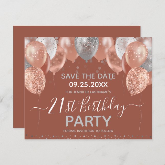 Glitter Balloons 21st Birthday Party Save the Date (Voorkant / Achterkant)
