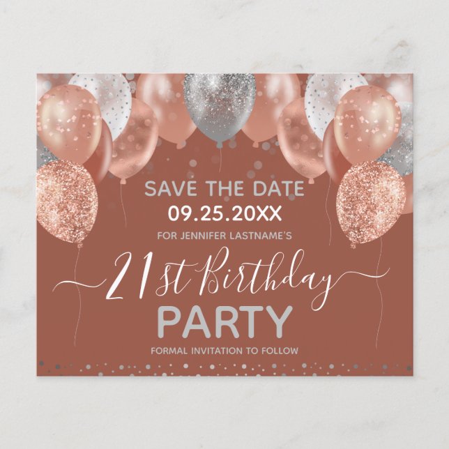 Glitter Balloons 21st Birthday Party Save the Date (Voorkant)