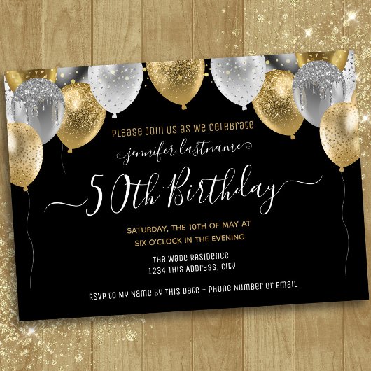 Glitter Balloons 50th Birthday Party Invitation Kaart