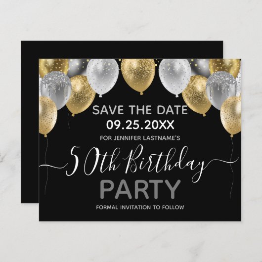 Glitter Balloons 50th Birthday Party Save the Date (Voorkant / Achterkant)