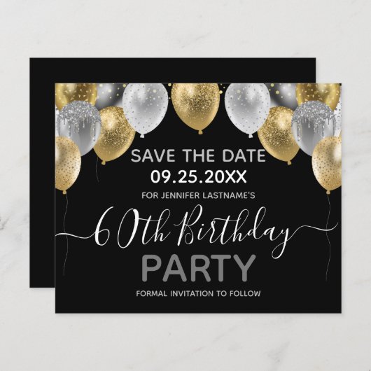 Glitter Balloons 60th Birthday Party Save the Date (Voorkant / Achterkant)