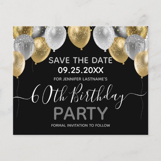 Glitter Balloons 60th Birthday Party Save the Date (Voorkant)