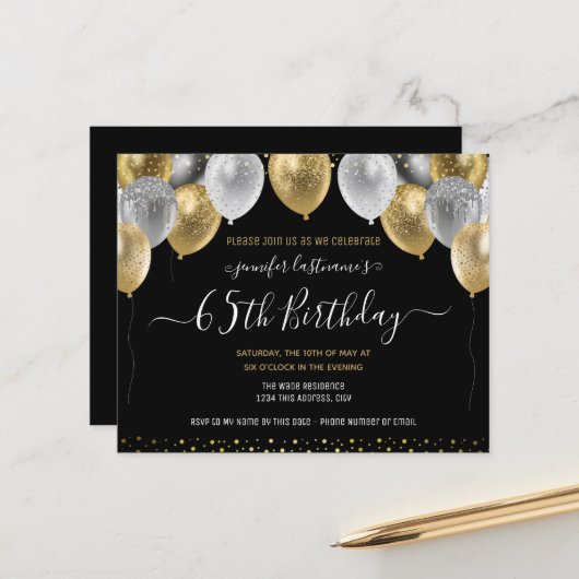 Glitter Balloons 65th Birthday Party Invitation (Voorkant / Achterkant in situ)