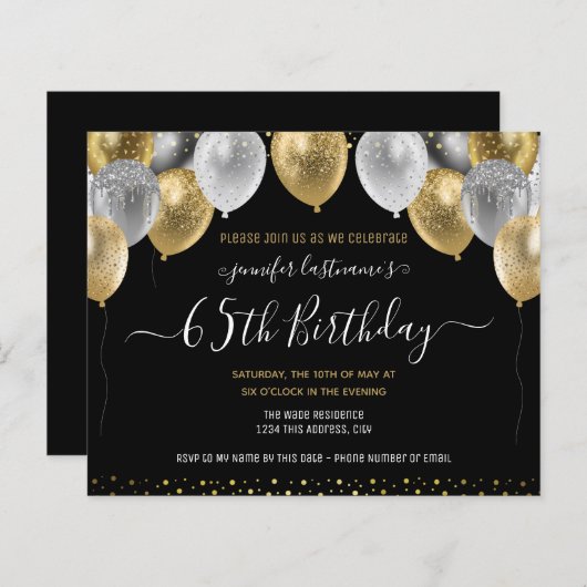 Glitter Balloons 65th Birthday Party Invitation (Voorkant / Achterkant)