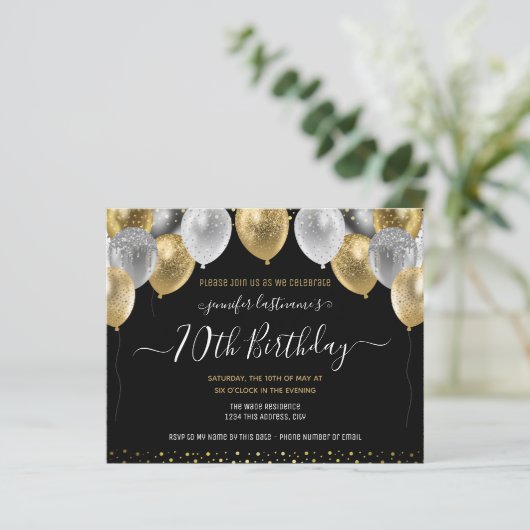 Glitter Balloons 70th Birthday Party Invitation (Staand voorkant)