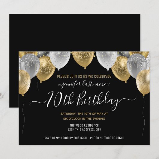 Glitter Balloons 70th Birthday Party Invitation Kaart (Voorkant / Achterkant)