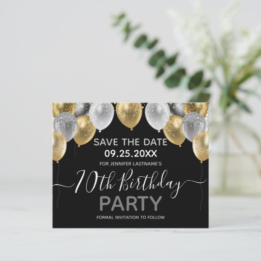 Glitter Balloons 70th Birthday Party Save the Date (Staand voorkant)