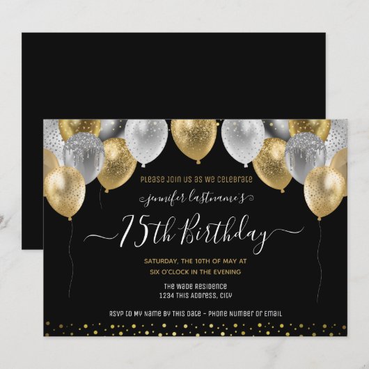 Glitter Balloons 75th Birthday Party Invitation Kaart (Voorkant / Achterkant)