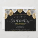 Glitter Balloons 80th Birthday Party Invitation Kaart<br><div class="desc">Elegant faux zilver en gouden glitterballonnen aan de bovengrens. Alle tekst kan worden aangepast en kan eenvoudig worden gewijzigd voor uw eigen wensen. Grote elegant bespaart het ontwerp van de sjabloon van de verjaardagsfeestdag. Elk jaar kan de leeftijd worden gewijzigd</div>