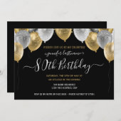 Glitter Balloons 80th Birthday Party Invitation Kaart (Voorkant / Achterkant)
