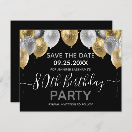 Glitter Balloons 80th Birthday Party Save the Date (Voorkant / Achterkant)