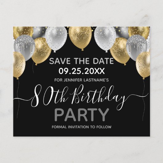 Glitter Balloons 80th Birthday Party Save the Date (Voorkant)