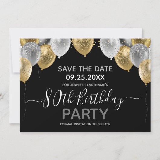 Glitter Balloons 80th Birthday Party Save the Date Kaart (Voorkant)