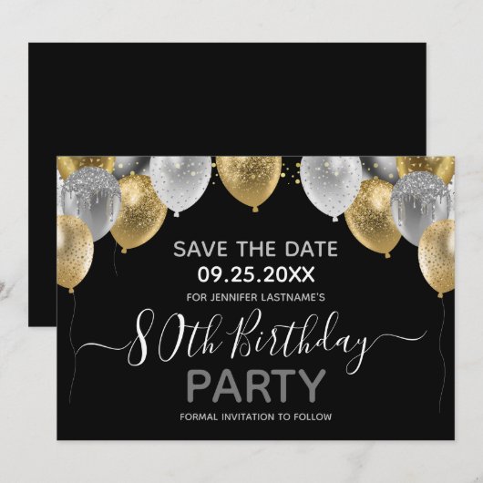 Glitter Balloons 80th Birthday Party Save the Date Kaart (Voorkant / Achterkant)