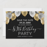 Glitter Balloons 80th Birthday Party Save the Date Kaart<br><div class="desc">Elegant faux zilver en gouden glitterballonnen aan de bovengrens. Alle tekst kan worden aangepast en kan eenvoudig worden gewijzigd voor uw eigen wensen. Grote elegant bespaart het ontwerp van de sjabloon van de verjaardagsfeestdag. Elk jaar kan de leeftijd worden gewijzigd</div>