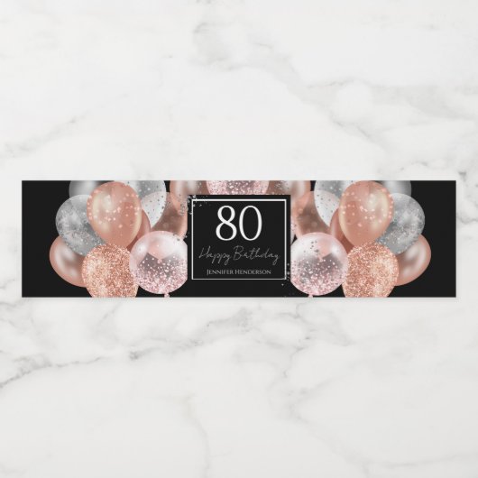 Glitter Balloons 80th Birthday Party Waterfles Etiket (Enkel label)