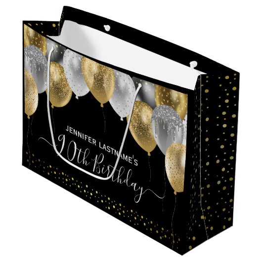 Glitter Balloons 90th Birthday Party Groot Cadeauzakje (Voorkant Gekanteld)