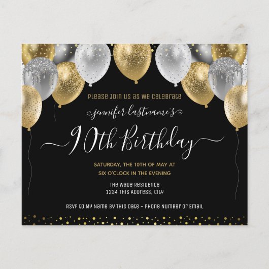 Glitter Balloons 90th Birthday Party Invitation (Voorkant)