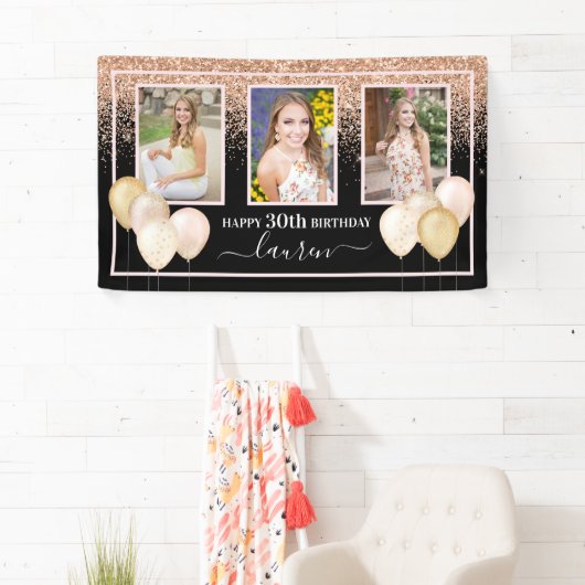 Glitter Balloons Drie Foto's 30th Black Birthday Spandoek (Insitu)