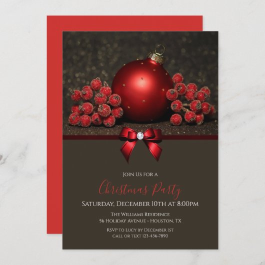 Glitter Bessen & Bauble met Juweel Bow Kerstmis Kaart (Voorkant / Achterkant)