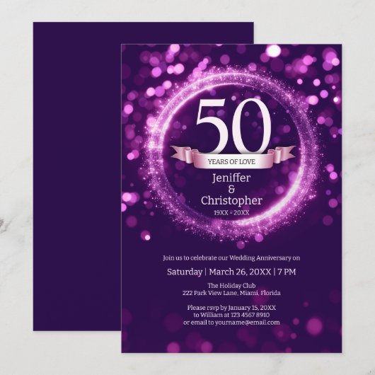 Glitter Bewerken Jaarnaam Bruiloft Jubileum Paarse Kaart (Voorkant / Achterkant)