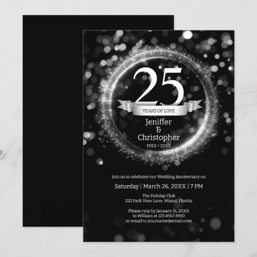 Glitter Bewerken Jaarnaam Bruiloft Jubileum Zwart Kaart (Voorkant / Achterkant)