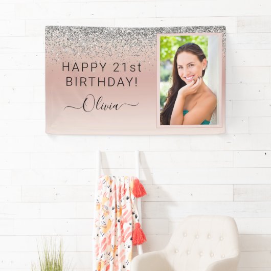 Glitter Birthday Foto roze Silver Girly Roos Gold Spandoek (Insitu)