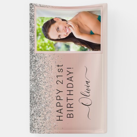Glitter Birthday Foto roze Silver Girly Roos Gold Spandoek (Verticaal)