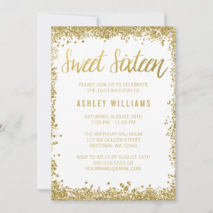 Glitter Birthday, liefje 16 Gold White Kaart