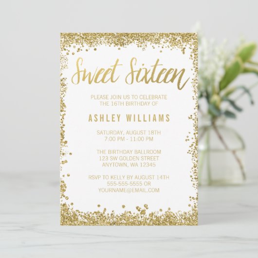 Glitter Birthday, liefje 16 Gold White Kaart (Staand voorkant)